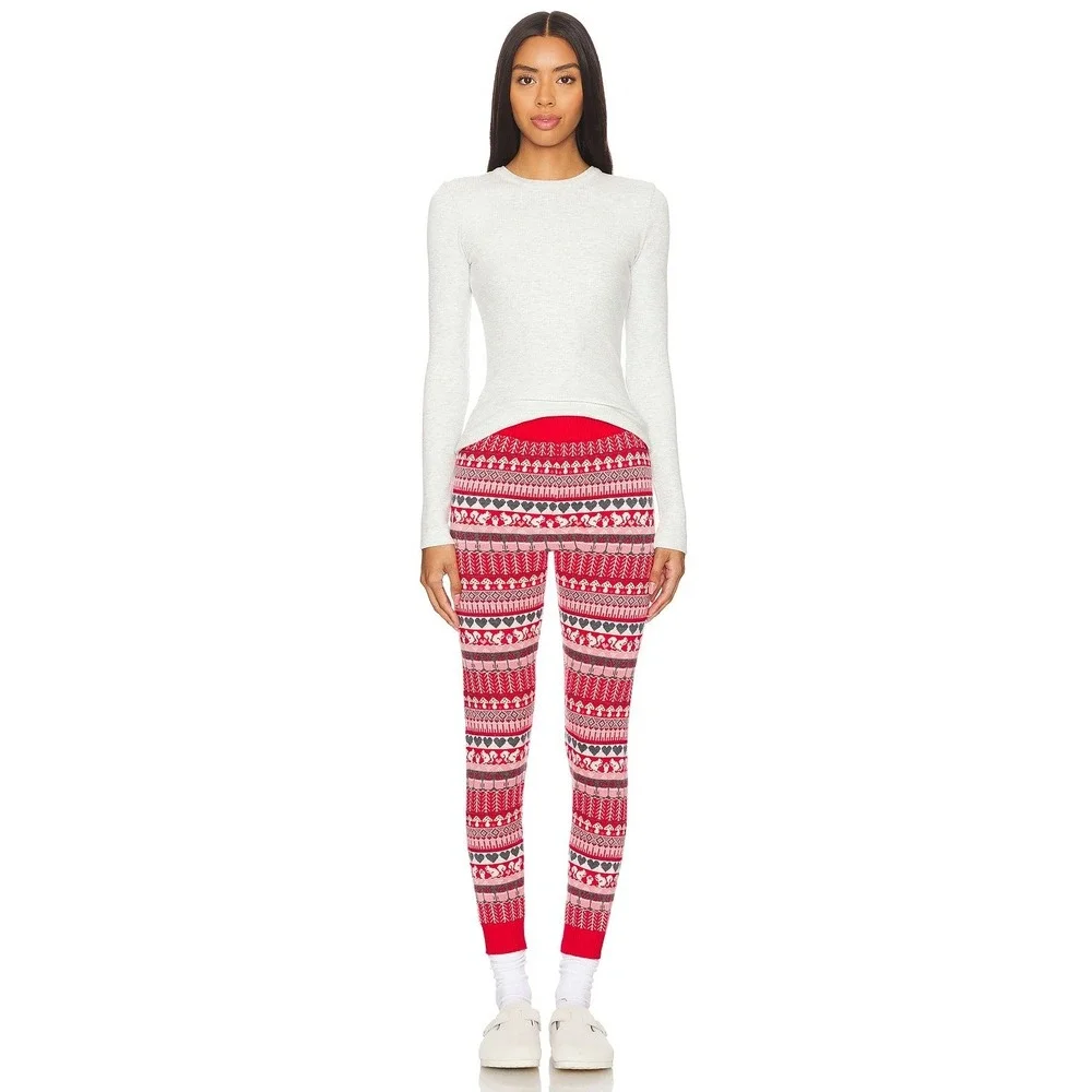 Free People FaLaLa Leggings Red Combo Fair Isle Knit S Cozy Christmas Nordic Ski